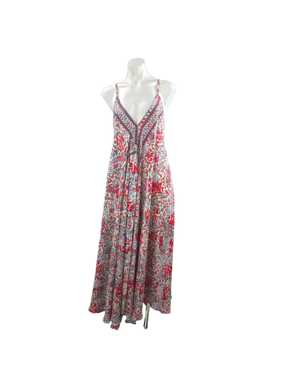Advance Red Silk Floral V Neck Boho Sleeveless Cami Tank A Line Maxi Dress OS